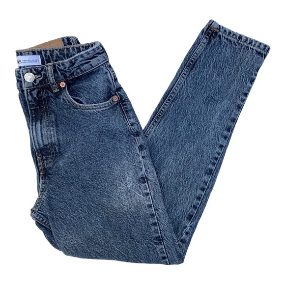 Zara sz 2 Mom-Fit High Waist Stonewash Blue Tapered Ankle Jeans Women's EUC - Picture 4 of 7